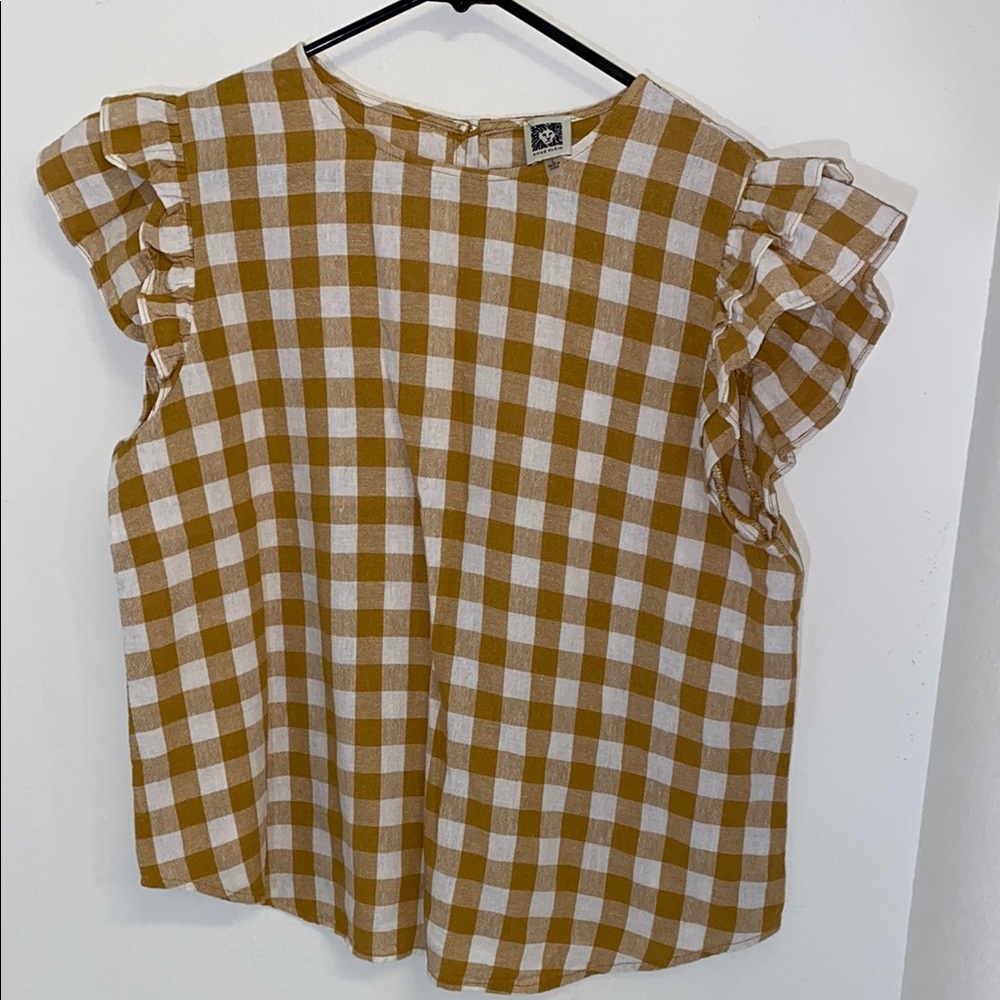 Anne Klein Linen Gingham Ruffle Sleeve Top Size L
